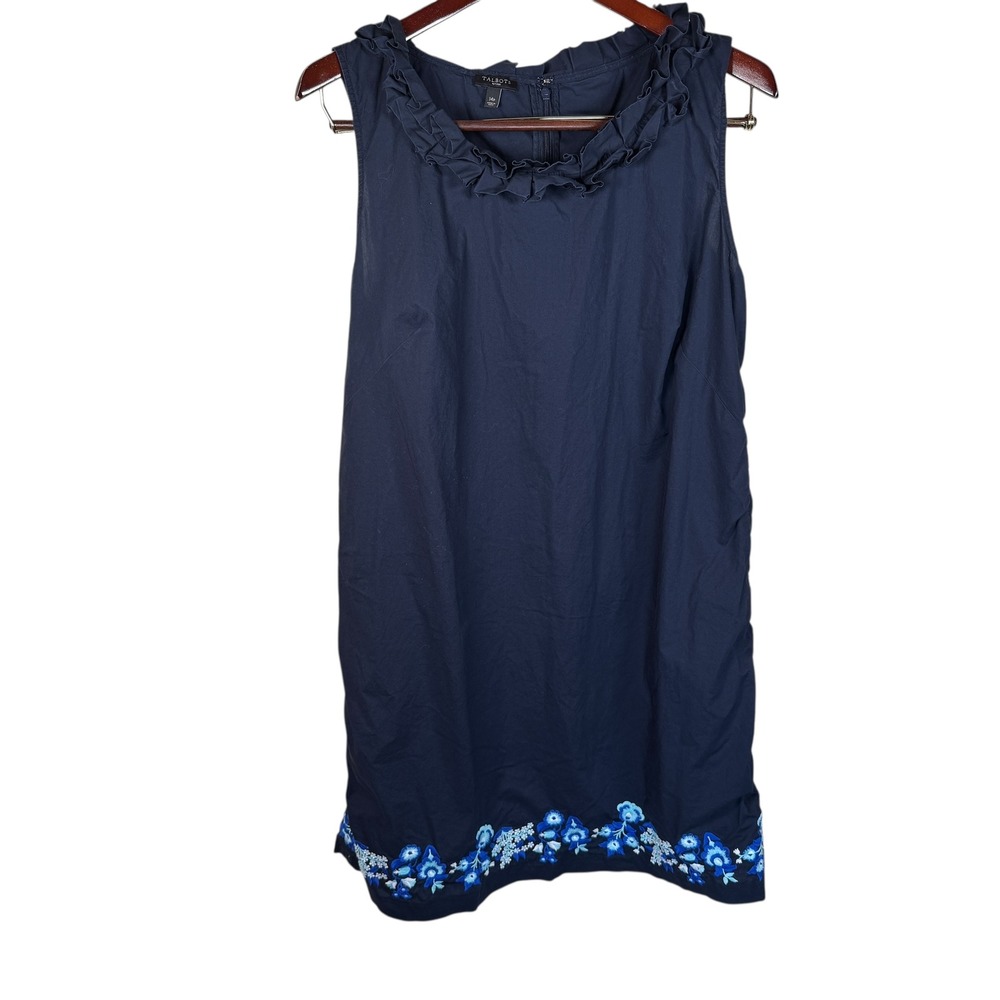 Talbots Embroidered Pleat Neck Shift Dress Size 14P‎ Petites Navy Preppy Classic